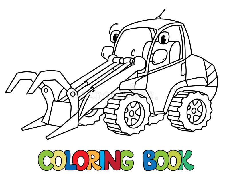 Trator pesado. veículo de brinquedo dos desenhos animados com cara  engraçada. página do livro para colorir para crianças.