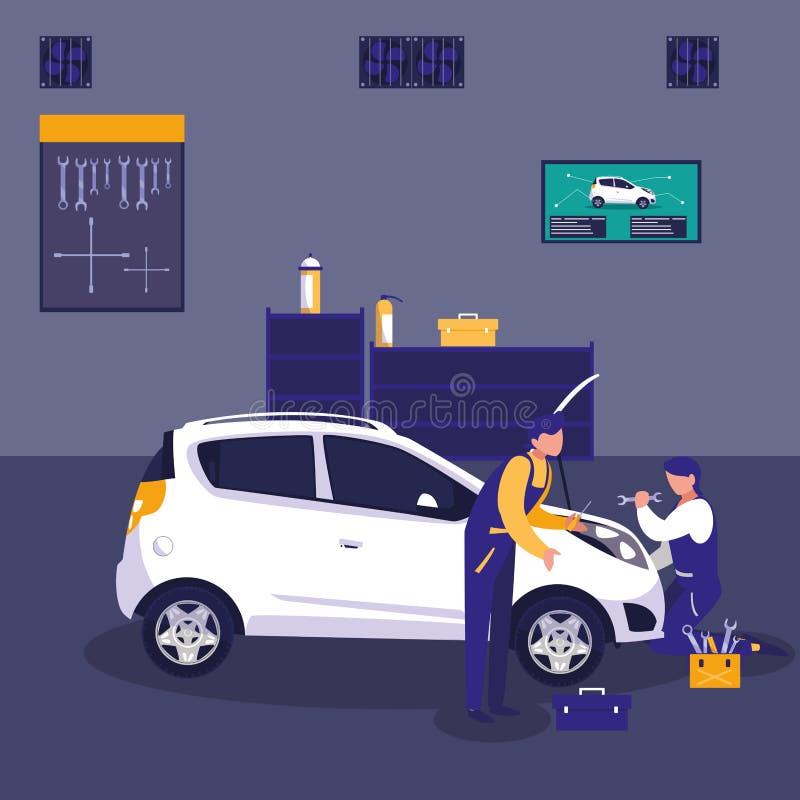 Carro na oficina de manutenção com equipe dos mecânicos ilustração stock Carro na oficina de manutenção com equipe dos mecânicos ilustração stock