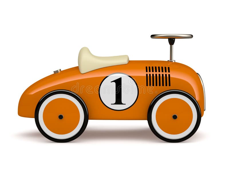 Carro retro alaranjado número um do brinquedo isolado no fundo branco