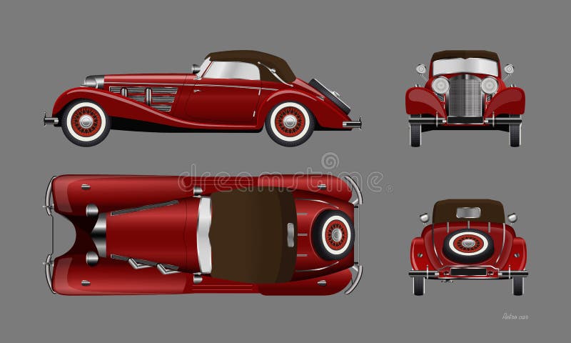 Carro retro vermelho no fundo cinzento Cabriolet do vintage no estilo realístico Parte dianteira, lado, parte superior e vista tr ilustração do vetor Carro retro vermelho no fundo cinzento Cabriolet do vintage no estilo realístico Parte dianteira, lado, parte superior e vista tr ilustração do vetor
