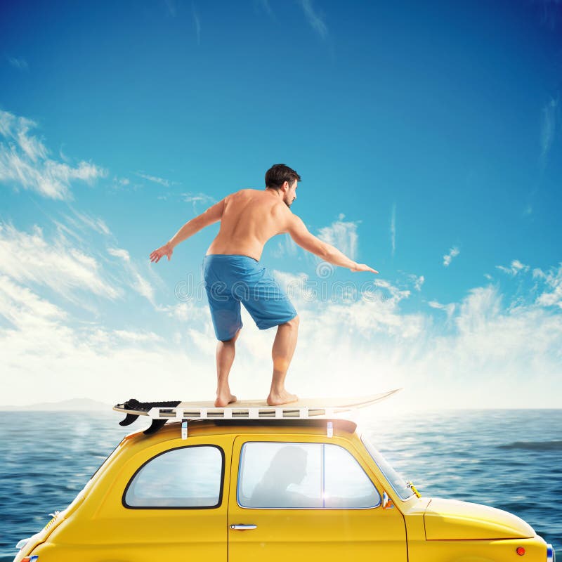 Old yellow car with a surfing boy over the roof. 3D rendering. Old yellow car with a surfing boy over the roof. 3D rendering