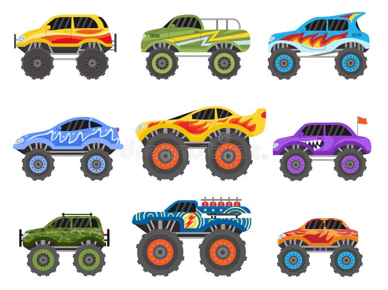 Caminhões monstro dos desenhos animados projetam vista lateral e frontal  carros de corrida offroad com rodas grandes e fogo conjunto de vetores de  veículos pesados de esportes radicais