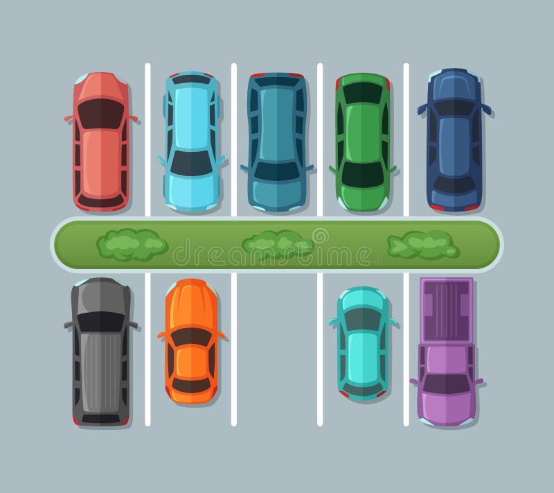 Carros do estacionamento da vista superior no asfalto no mapa urbano Automóveis na garagem Imagens do vetor ilustração royalty free Carros do estacionamento da vista superior no asfalto no mapa urbano Automóveis na garagem Imagens do vetor ilustração royalty free