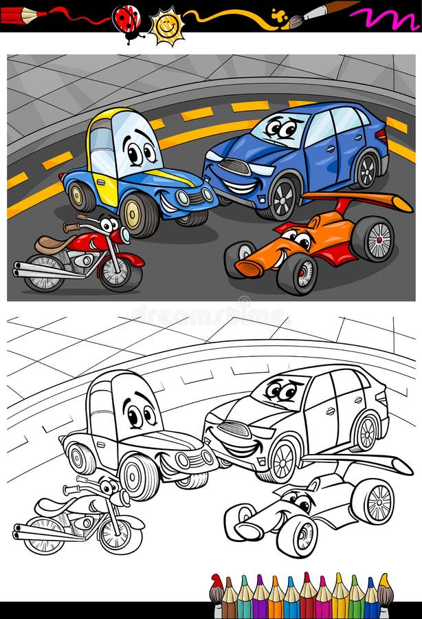 Quantos carros de desenhos animados contando jogo para colorir e