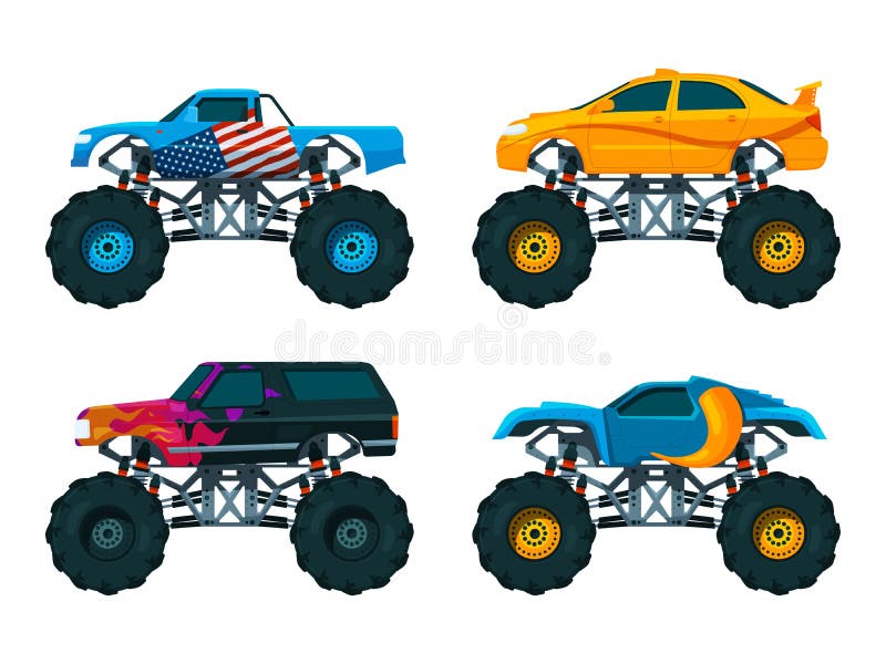 Monster Trucks Como Brinquedos Para Crianças Conjunto Ilustrações