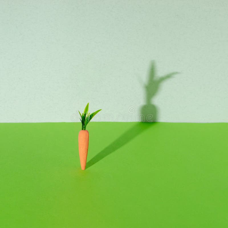 Carrot with creative shadow on gray and green background. Minimal Easter concept. Spring minimal composition royalty free stock photo