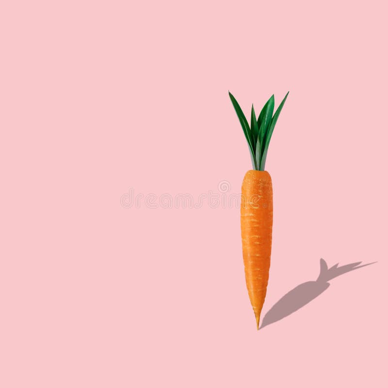 Carrot with pineapple leaves on pastel pink background. Minimal Easter composition royalty free stock image