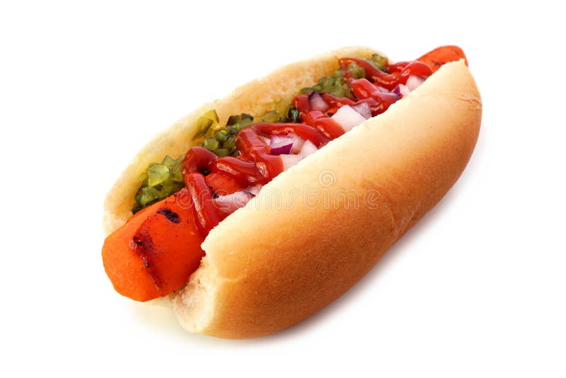 Carrot vegan hot dog with relish, ketchup and onions isolated on white royalty free stock image Carrot vegan hot dog with relish, ketchup and onions isolated on white royalty free stock image