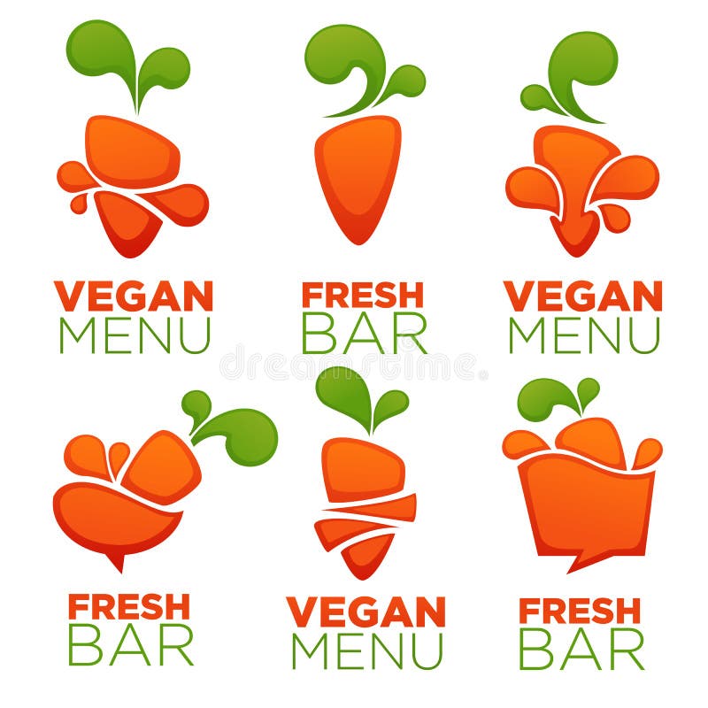 Carrot vegetable vegan menu and fresh juice, vector collection of logo, symbols and emblems. Juice splash logo vectors
