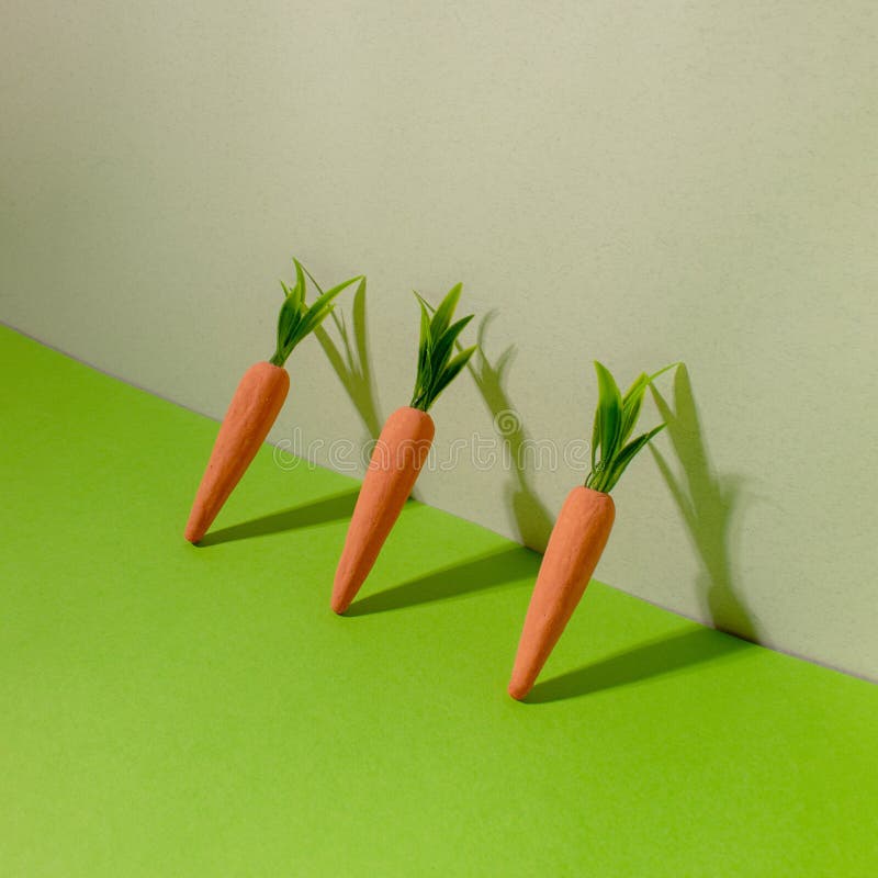 Carrots on green and gray background. Minimal Easter concept. Spring minimal composition royalty free stock image