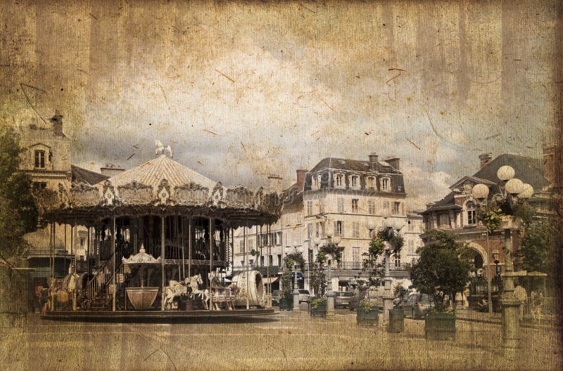 Carrusel en la plaza principal de Fontainebleau, proceso del vintage