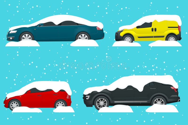 Cars covered in snow on a road during snowfall. Snow storm. Lots of cars. Cold spell concept. Urban transport Vector illustration. Side view