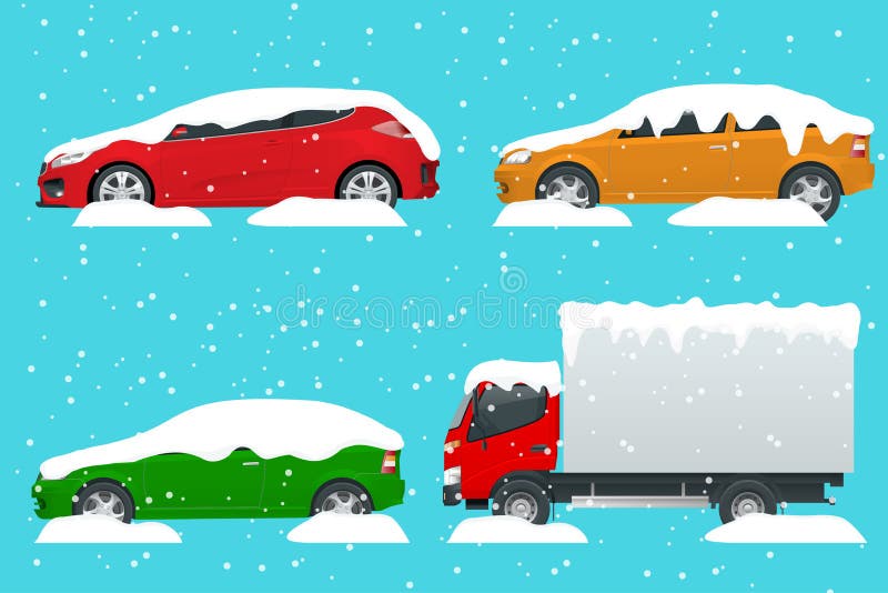 Cars covered in snow on a road during snowfall. Snow storm. Lots of cars. Cold spell concept. Urban transport Vector illustration. Side view