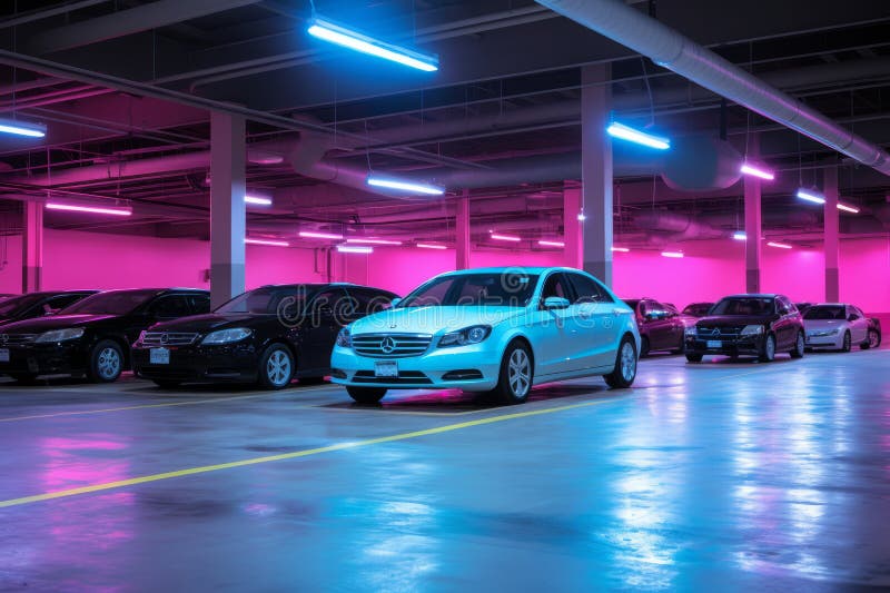 Cars Parked in a Parking Garage with Neon Lights Stock Illustration