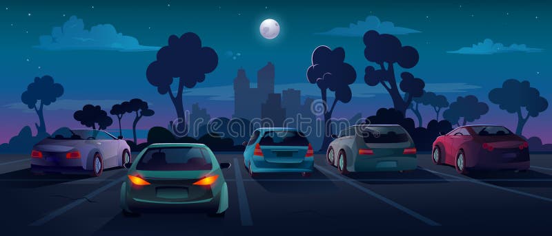 Cars at parking lot, night city street background