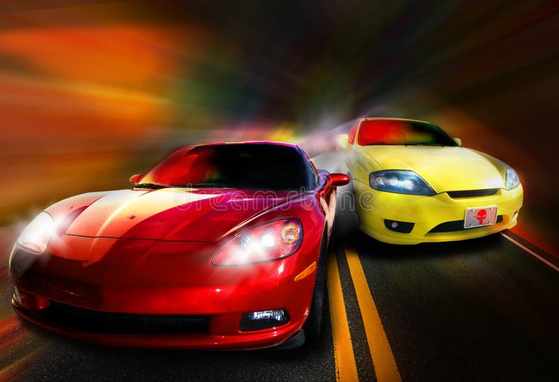 Due le auto veloci, uno rosso e uno giallo corsa lungo una strada a due corsie.