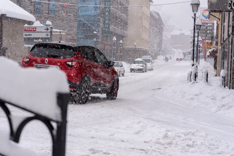 Canillo, Andorra : 2019 Janaury 23 : Cars under the snow in the town of Canillo in Andorra After a great snowfall.