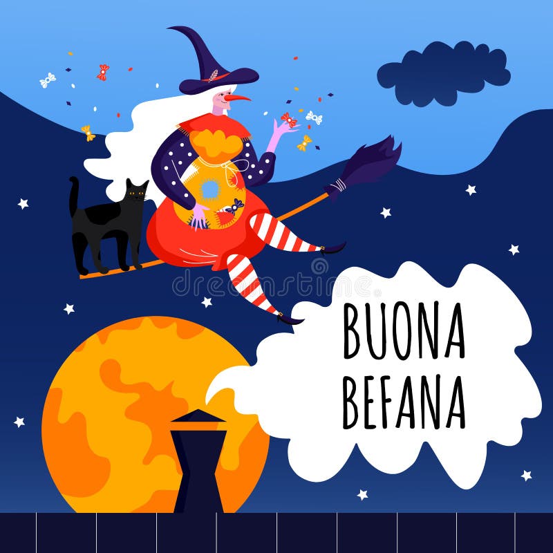 buona festa della befana - tradução italiana - letras de epifania feliz  decoradas com estrelas e símbolos de cometas. bruxa fofa befana tradição  natal epifania personagem na itália voando em vassoura 4972722