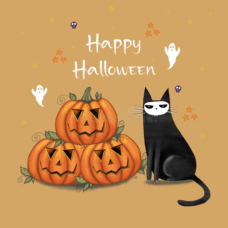 Cartão De Saudação De Halloween Feliz Com Gato Preto Fofo E Abóbora  Assustadora. Personagem De Desenho Animado De Feriados Animais Ilustração  Stock - Ilustração de fundo, feriado: 258237194