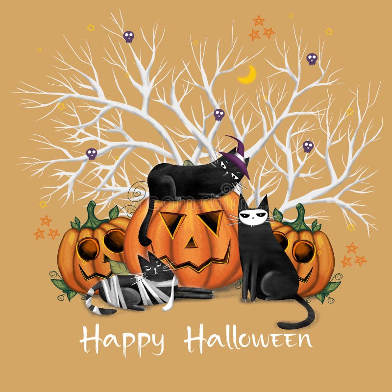 Cartão De Saudação De Halloween Feliz Com Gato Preto Fofo E Abóbora  Assustadora. Personagem De Desenho Animado De Feriados Animais Ilustração  Stock - Ilustração de fundo, feriado: 258237194