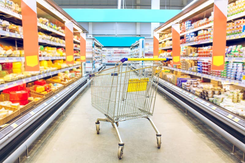 Cart at the grocery store. Supermarket interior, empty shopping trolley. Business ideas and retail trade.
