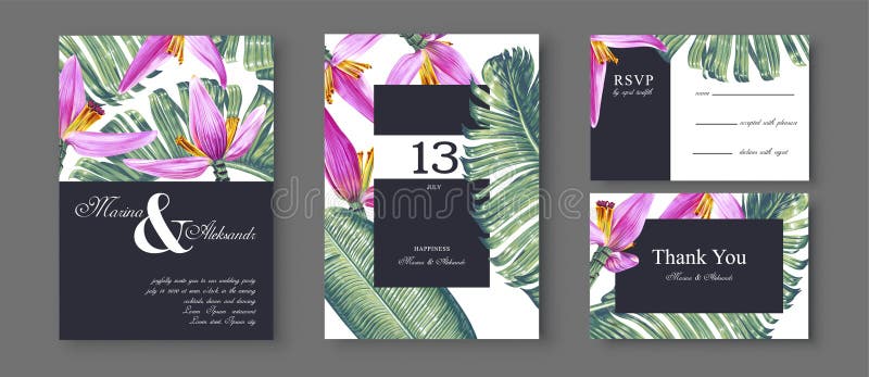 Cart?o bot?nico do convite do casamento Projeto na moda do molde com as flores tropicais cor-de-rosa da grama da banana ilustração do vetor Cart?o bot?nico do convite do casamento Projeto na moda do molde com as flores tropicais cor-de-rosa da grama da banana ilustração do vetor