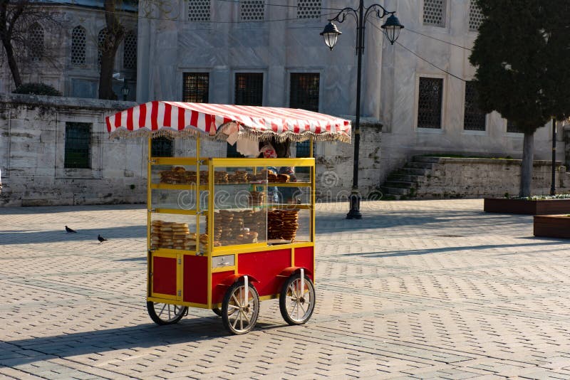 Cart with simits Turkish bagels in Istanbul, Turkey