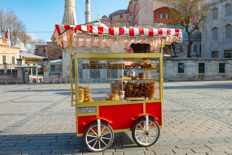 Cart with simits Turkish bagels in Istanbul, Turkey