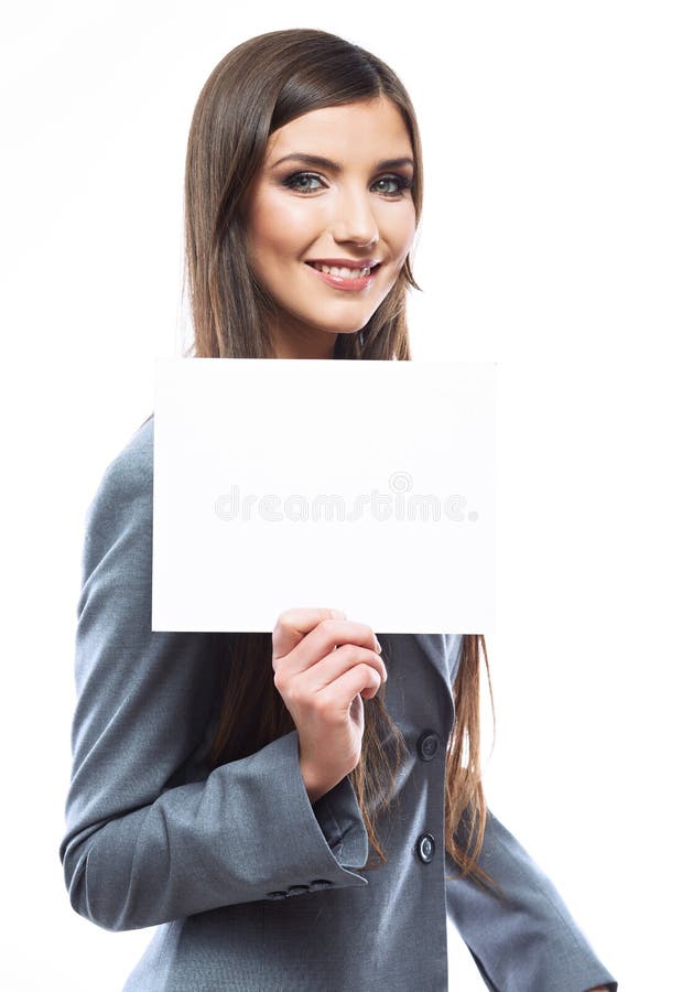 Carta in bianco bianca della tenuta della donna di affari immagini stock libere da diritti Carta in bianco bianca della tenuta della donna di affari immagini stock libere da diritti