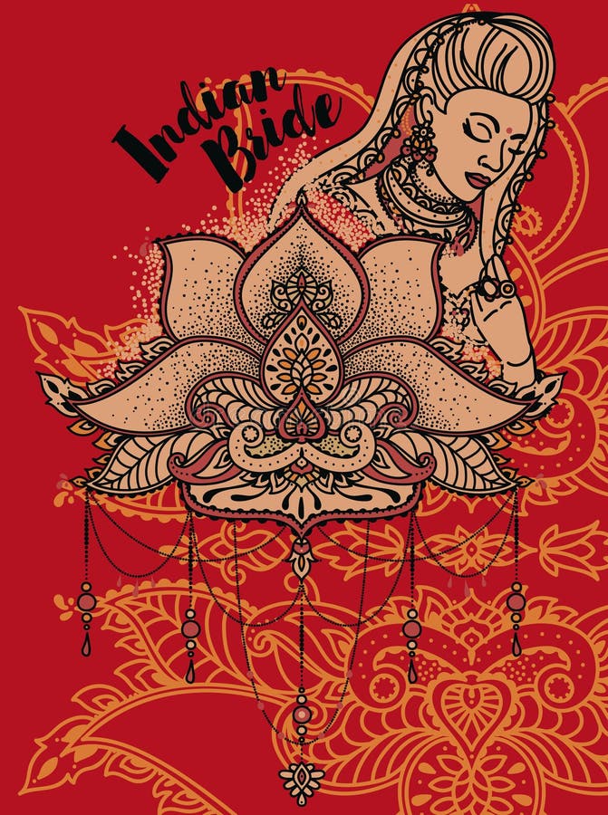 Carta con la sposa indiana ed il fiore di loto stilizzato nello stile tradizionale illustrazione vettoriale Carta con la sposa indiana ed il fiore di loto stilizzato nello stile tradizionale illustrazione vettoriale