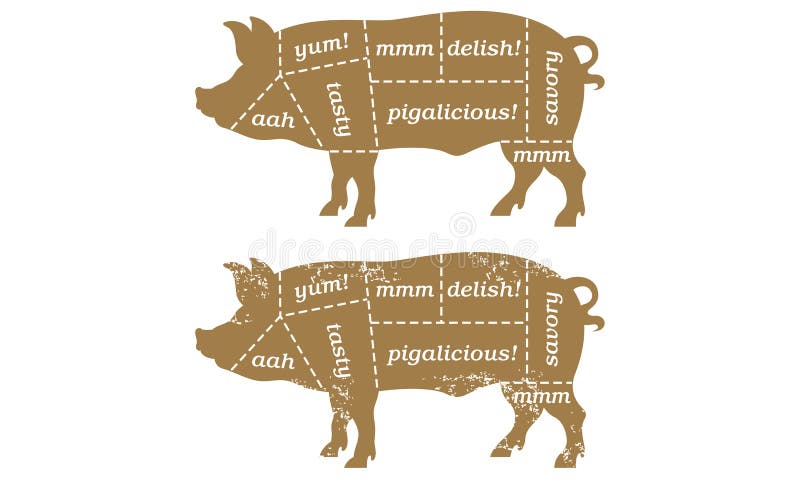 Vector Illustration based on traditional butcherâ€™s chart showing different cuts of pork with humorous labels such as â€œtastyâ€ and â€œporkaliciousâ€. Includes clean and grunge versions. Easy to edit colors and shapes. Vector Illustration based on traditional butcherâ€™s chart showing different cuts of pork with humorous labels such as â€œtastyâ€ and â€œporkaliciousâ€. Includes clean and grunge versions. Easy to edit colors and shapes.