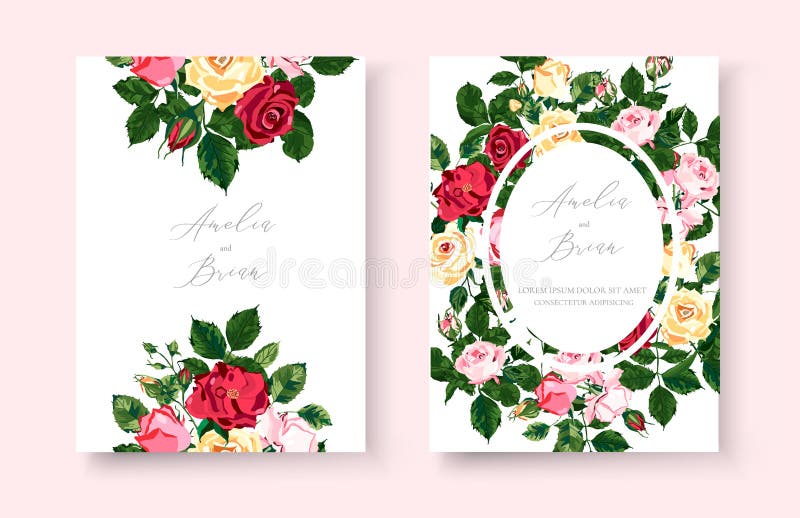 Carta de invitación floral de bodas con rosas rojas rojas rosadas amarillas stock de ilustración Carta de invitación floral de bodas con rosas rojas rojas rosadas amarillas stock de ilustración