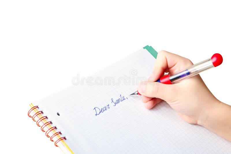 Child's hand writing letter to Santa Claus, isolated on white. Child's hand writing letter to Santa Claus, isolated on white