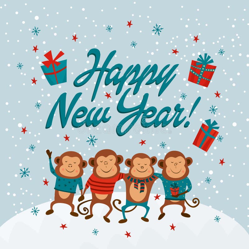 Carta del nuovo anno con le scimmie ed il buon anno del testo, illustrazioni royalty illustrazione gratis Carta del nuovo anno con le scimmie ed il buon anno del testo, illustrazioni royalty illustrazione gratis