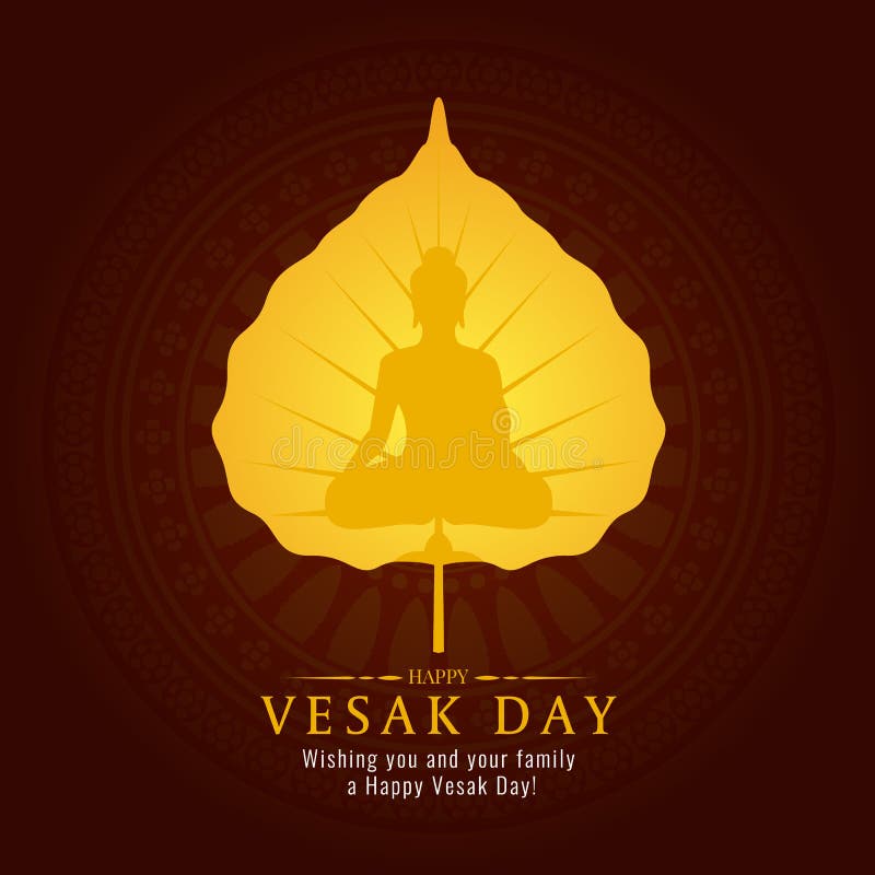 Carta dell'insegna di giorno di Vesak con il segno di Buddha dell'oro su progettazione di vettore della foglia di Bodhi dell'oro
