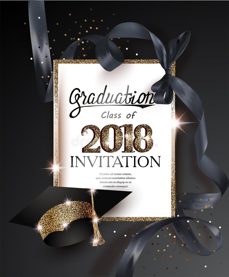 Carta dell'invito del partito di graduazione 2018 con il cappello ed il nastro di seta nero lungo illustrazione vettoriale Carta dell'invito del partito di graduazione 2018 con il cappello ed il nastro di seta nero lungo illustrazione vettoriale