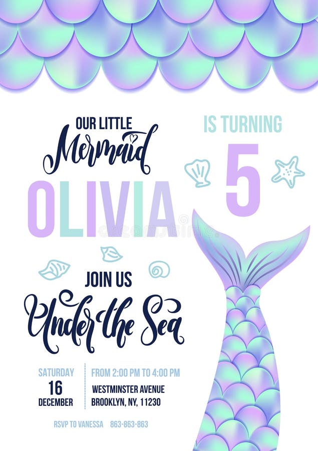 Carta dell'invito della festa di compleanno della sirena Squame olografiche royalty illustrazione gratis