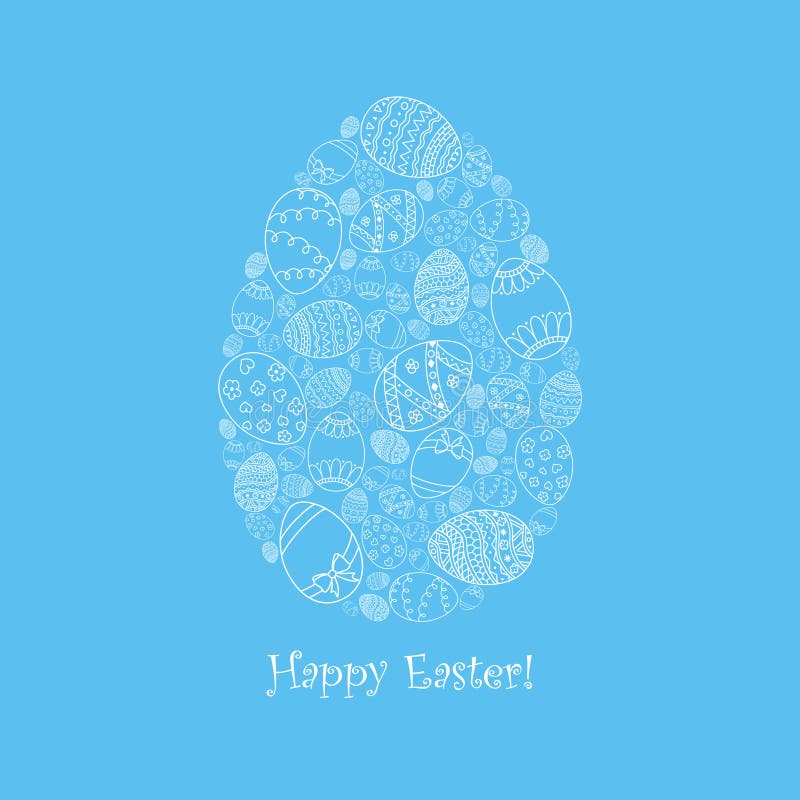 Carta dell'invito di pasqua di vettore di forma dell'uovo dalle uova di Pasqua bianche di scarabocchio con l'iscrizione felice de illustrazione di stock Carta dell'invito di pasqua di vettore di forma dell'uovo dalle uova di Pasqua bianche di scarabocchio con l'iscrizione felice de illustrazione di stock