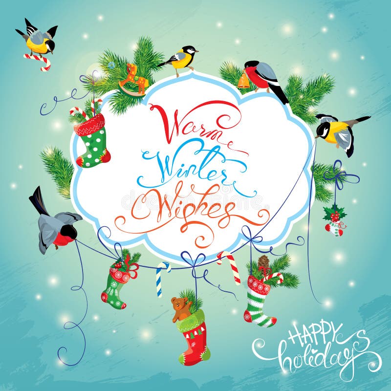 Carta di festa del nuovo anno e di natale con gli uccelli illustrazione vettoriale Carta di festa del nuovo anno e di natale con gli uccelli illustrazione vettoriale