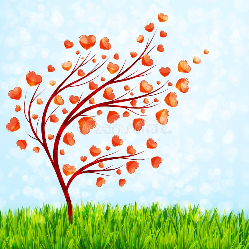 Carta di giorno di biglietti di S. Valentino con l'albero di amore e l'erba verde illustrazione vettoriale Carta di giorno di biglietti di S. Valentino con l'albero di amore e l'erba verde illustrazione vettoriale