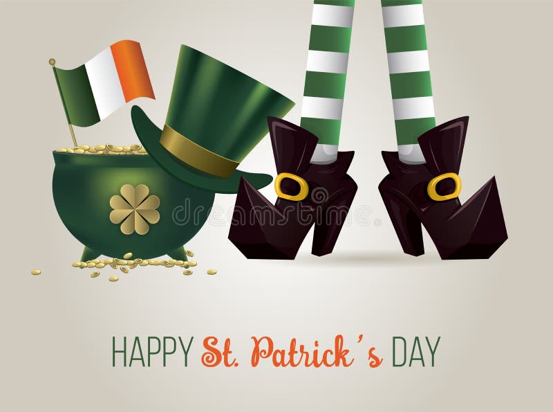 Carta di giorno di Patricks del san con il tesoro del leprechaun, vaso pieno delle monete dorate royalty illustrazione gratis Carta di giorno di Patricks del san con il tesoro del leprechaun, vaso pieno delle monete dorate royalty illustrazione gratis