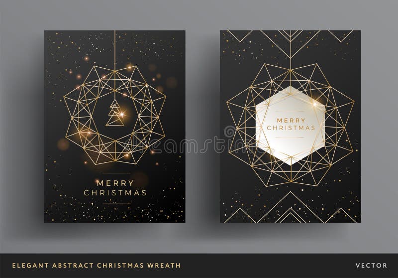 Christmas card gold and black background design. Stylized christmas wreath and christmas tree modern design. Elegant line art background template for Christmas cards, flyers, invitations. Christmas card gold and black background design. Stylized christmas wreath and christmas tree modern design. Elegant line art background template for Christmas cards, flyers, invitations