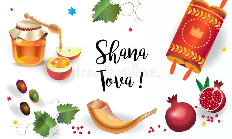 Rosh Hashanah greeting card - Jewish New Year. Text `Shana Tova!` on Hebrew - Have a sweet year. Honey and apple, shofar, pomegranate, vintage Torah scroll banner. Rosh hashana, sukkot Jewish Holiday Israel Jerusalem festival, autumn, harvest, Judaic symbols. Rosh Hashanah greeting card - Jewish New Year. Text `Shana Tova!` on Hebrew - Have a sweet year. Honey and apple, shofar, pomegranate, vintage Torah scroll banner. Rosh hashana, sukkot Jewish Holiday Israel Jerusalem festival, autumn, harvest, Judaic symbols