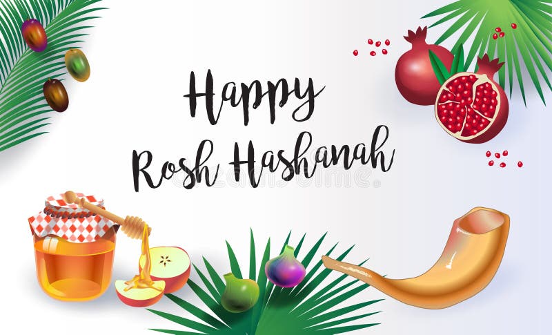 Happy Rosh Hashanah greeting card - Jewish New Year. Text `Shana Tova!` on Hebrew - Have a sweet year. Honey and apple, shofar, pomegranate, vintage Torah scroll banner. Rosh hashana, sukkot Jewish Holiday Israel Jerusalem festival, autumn, harvest, Judaica traditional symbols, sweet food. Happy Rosh Hashanah greeting card - Jewish New Year. Text `Shana Tova!` on Hebrew - Have a sweet year. Honey and apple, shofar, pomegranate, vintage Torah scroll banner. Rosh hashana, sukkot Jewish Holiday Israel Jerusalem festival, autumn, harvest, Judaica traditional symbols, sweet food