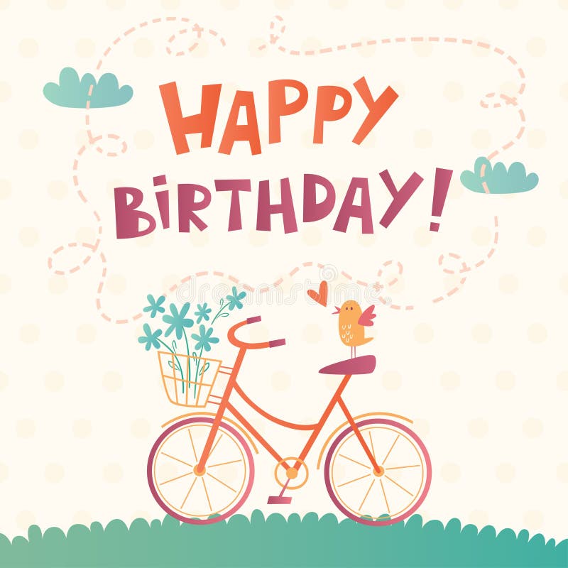 Carta di vettore di buon compleanno con una bicicletta illustrazione vettoriale