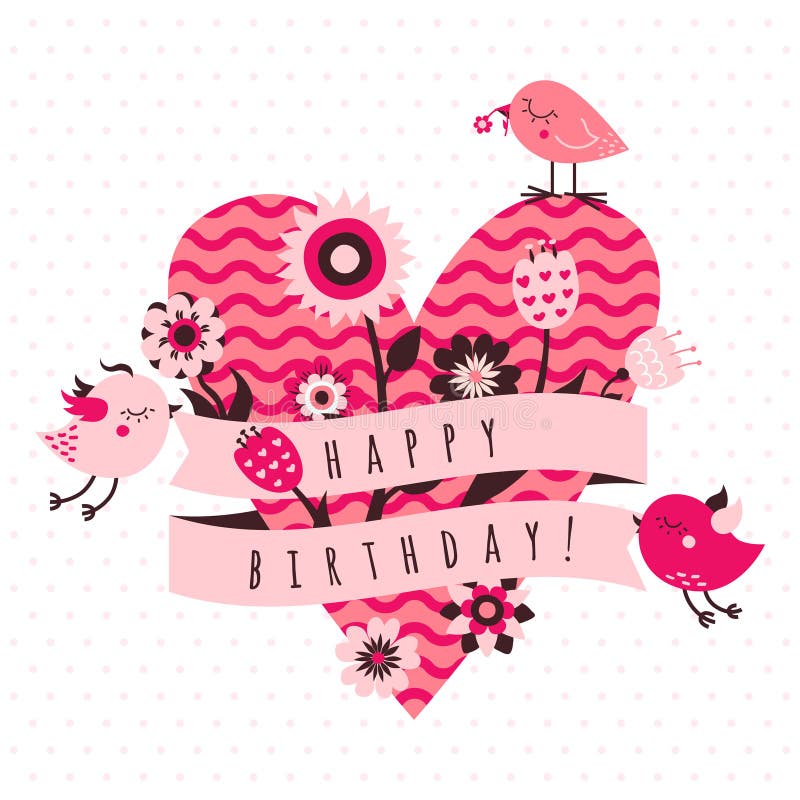 Carta di vettore di buon compleanno nei colori rosa e marroni leggeri e scuri con gli uccelli, i fiori, il nastro ed il cuore royalty illustrazione gratis