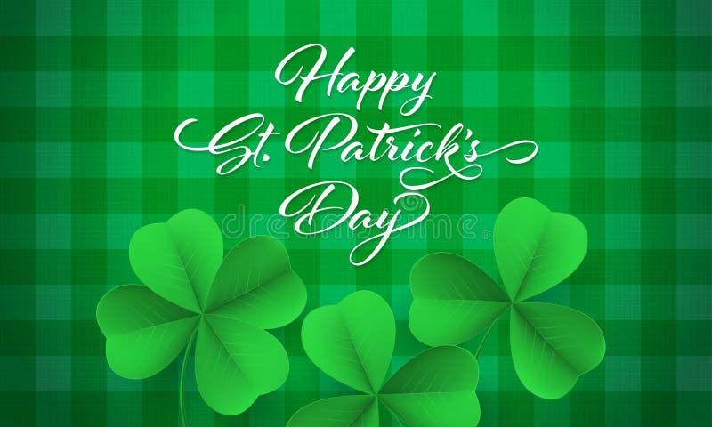 Carta felice di giorno del ` s di San Patrizio con il trifoglio dell'acetosella sul fondo verde del percalle Iscrizione di St Pat royalty illustrazione gratis Carta felice di giorno del ` s di San Patrizio con il trifoglio dell'acetosella sul fondo verde del percalle Iscrizione di St Pat royalty illustrazione gratis
