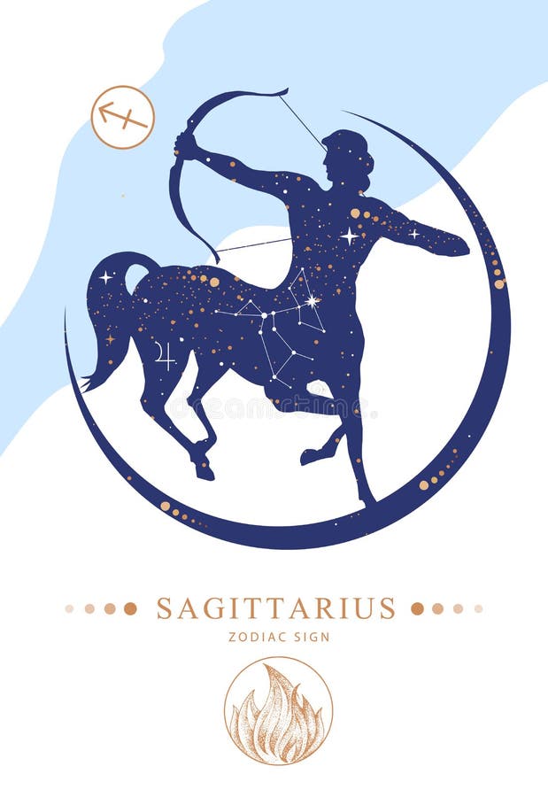 Modern magic witchcraft card with astrology Sagittarius zodiac sign.  Silhouette of centaur with Bow and arrow. Zodiac characteristic. Modern magic witchcraft card with astrology Sagittarius zodiac sign.  Silhouette of centaur with Bow and arrow. Zodiac characteristic