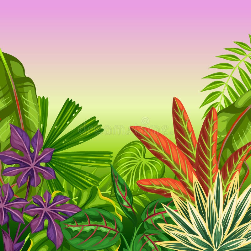 Carta tropicale di paradiso con le piante e le foglie stilizzate illustrazione di stock Carta tropicale di paradiso con le piante e le foglie stilizzate illustrazione di stock