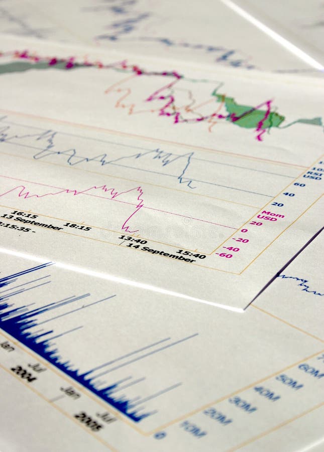 Financial papers, market charts. Financial papers, market charts.